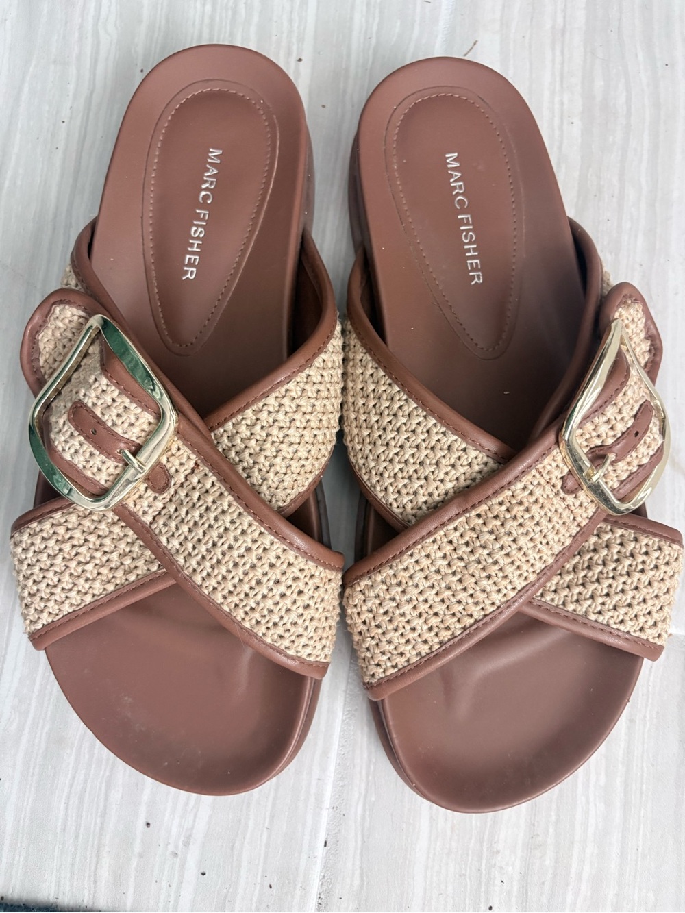 MARC FISHER Brown and Beige Woven Buckle Slide Sandals